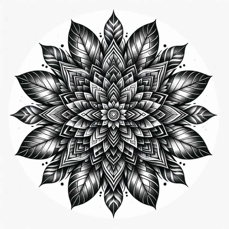 Black and grey mandala flower with layered petals and central circle; visible elements: flower, petal, circle; project idea; cover-up-ready.