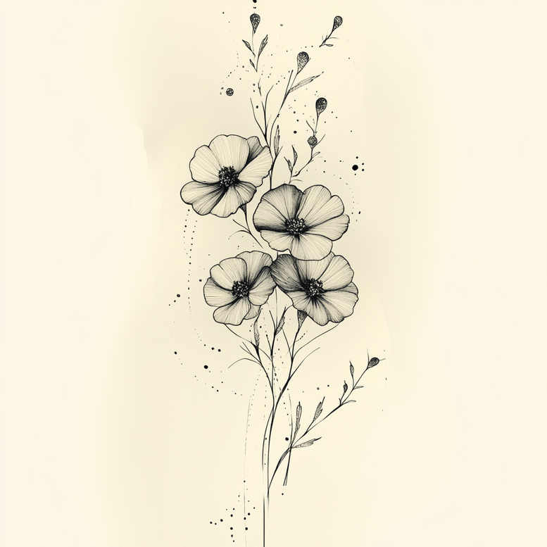 Black and grey fine-line floral tattoo with three poppy blossoms on slender stems and leaves; pattern elements; project idea, not specifically for cover-up.