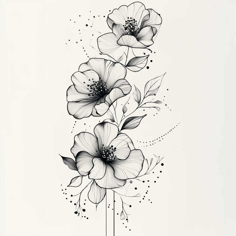 Black and grey line-art of a vertical floral arrangement with four blooms, stem, leaves, and dotted accents; tattoo design idea; not ideal for cover-up.