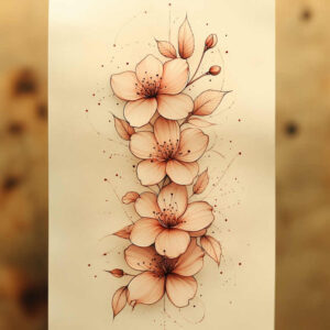 Flowers, leaves, buds, and stem in orange-brown ink on a pale background; fine line project tattoo design; not suitable for a cover-up.