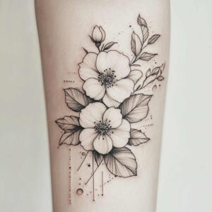 Black and grey fine-line tattoo on the forearm featuring two flower blossoms, leaves, buds, stems, and geometric line and dotwork pattern; a design idea for a tattoo project.