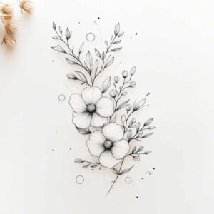 Black and grey fine-line tattoo concept with two large flowers, leaves, buds, stems, branch, and circular motifs; project; not specifically for cover-up.