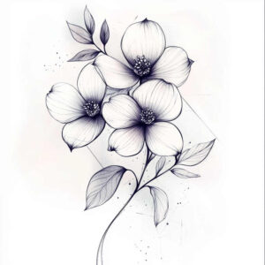 Black and grey fine-line drawing of a three-flower bouquet with leaves and slender stems; AI-generated tattoo project; suitable for a cover-up.