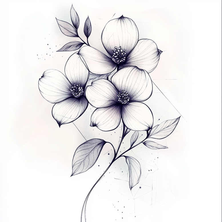 Black and grey fine-line drawing of a three-flower bouquet with leaves and slender stems; AI-generated tattoo project; suitable for a cover-up.