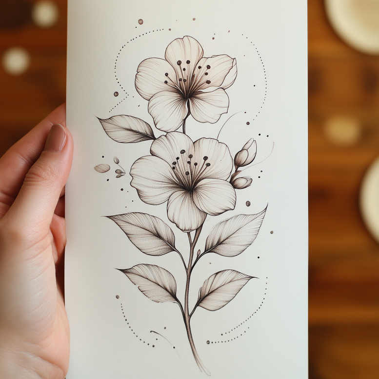 Two hibiscus-like flowers with fine line shading on a single stem, leaves, buds, and dotted circular patterns in black and grey on white; project idea; not specifically for cover-up.