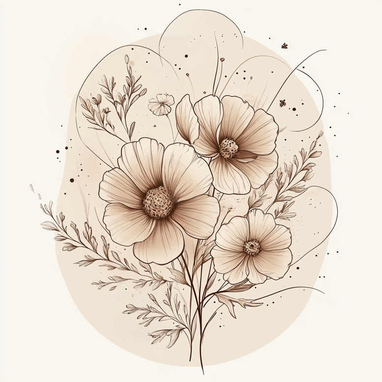 Three beige-toned flowers with black ink outlines, leaves and stems on a soft cream background; black and grey tattoo design; project idea; not ideal for a cover-up.