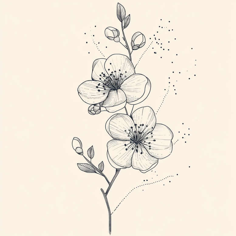 Two flowers on a slender branch with buds and leaves in black and grey linework; project idea; suitable for cover-up.