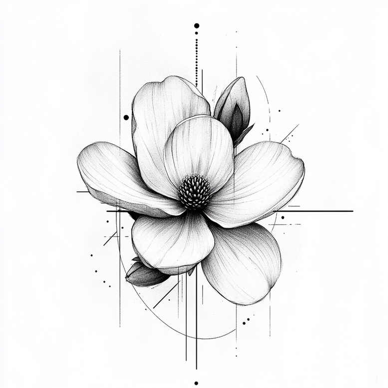 Flower with petals and leaves in black ink, intersected by geometric lines and dots; black and grey tattoo idea; pattern.