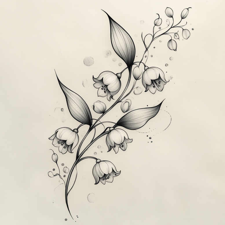 Black and grey botanical line drawing of flowers, stems, leaves, and buds; a project for a fine-line tattoo design; not suitable for a cover-up.