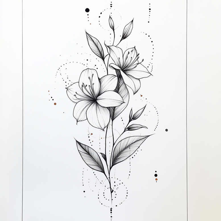 Two black and grey flowers with leaves and stems; fine dotwork pattern around them; AI-generated tattoo project; not ideal for cover-up.