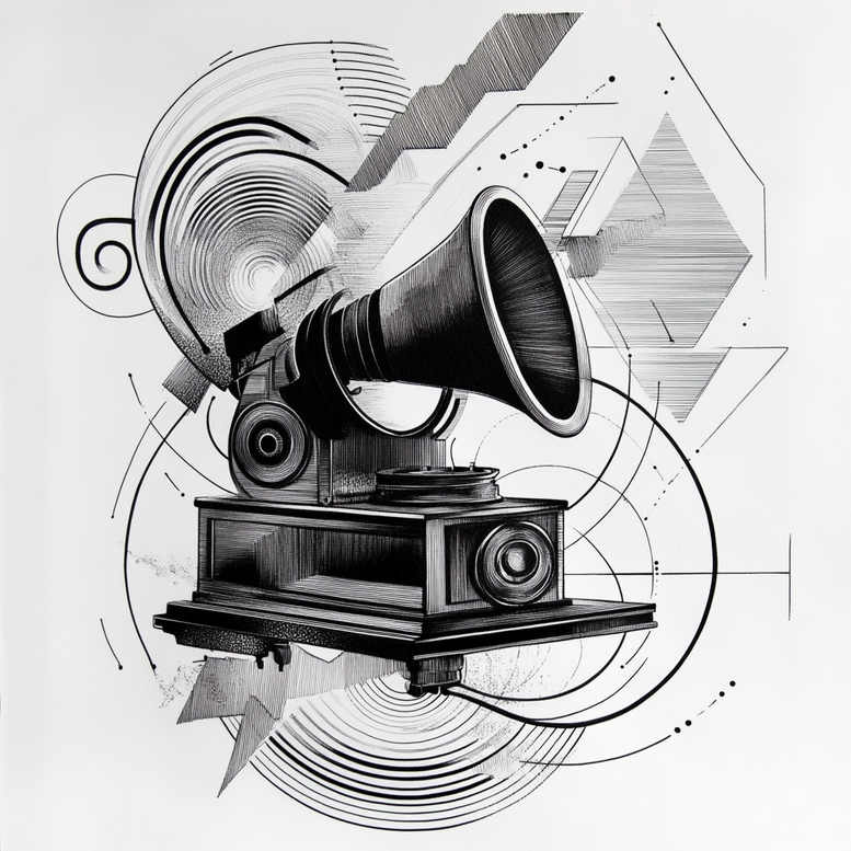 Gramophone horn and base in black and grey with geometric circles and lines; pattern-driven tattoo project; AI-generated; suitable for cover-up.