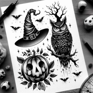 Black and grey tattoo design featuring a carved pumpkin wearing a witch hat, an owl perched on a branch, and leaves; a cover-up friendly idea.