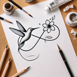 Hummingbird and flower line-art on white paper, shown with pencils, brush, ink tube, and jars; black-and-grey tattoo design concept.