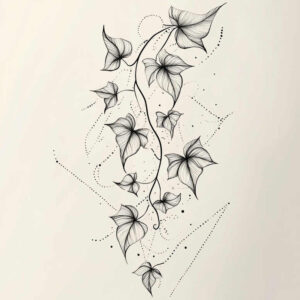 Vine and leaf linework in black and grey; tattoo design idea, pattern element, not suitable for cover-up.