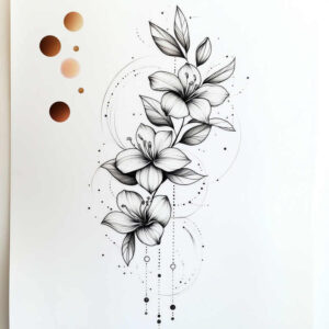 Black and grey lilies with leaves, delicate line work, decorative dots and pattern; tattoo project idea; not ideal for cover-up.