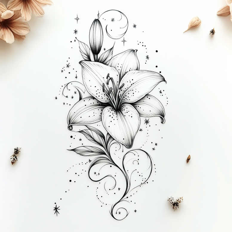 Lily, bud, leaf in black and grey fine line tattoo design; pattern-rich line art, a project idea; suitable for a cover-up.