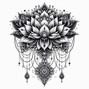 Lotus flower with a central mandala pendant, hanging bead chains, and teardrop accents in black and grey; AI-generated tattoo project, suitable for cover-up.