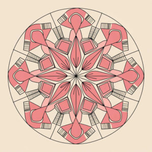 Mandala circle with pink petals and square accents in black linework on beige background; pink fill; tattoo design concept, AI-generated; not specifically a cover-up.