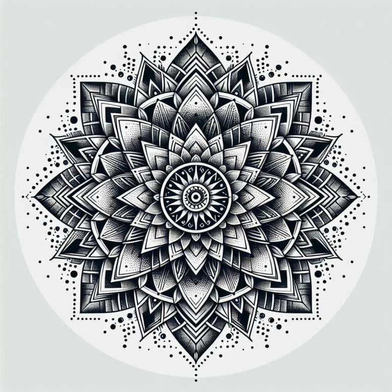 Mandala within a circle in black and grey, intricate linework with dot shading; tattoo project idea, suitable for a cover-up.