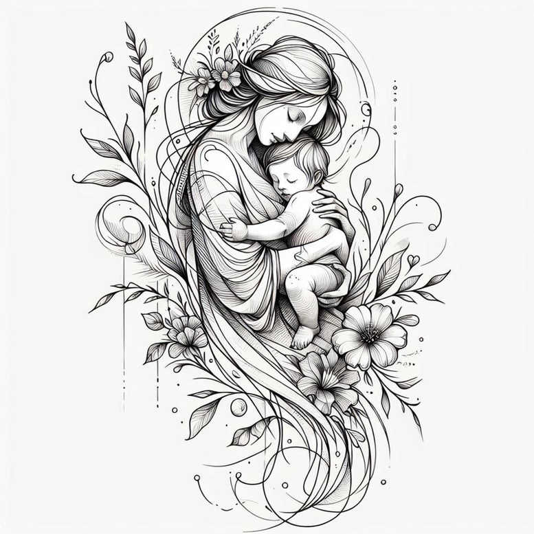 Black and grey line art of a woman cradling a baby, with flowing hair, surrounded by flowers and vines; tattoo design idea, suitable for a cover-up.