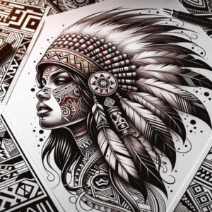 Face in profile with black-and-grey feather headdress, medallion, and geometric pattern; AI-generated tattoo project; suitable for cover-up.