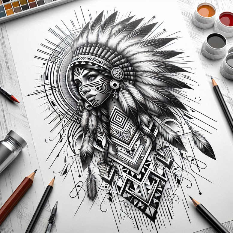 Chief with headdress, feather, face markings, braid, earring, and patterned garment in black and grey; AI-generated tattoo project, suitable as a reference.