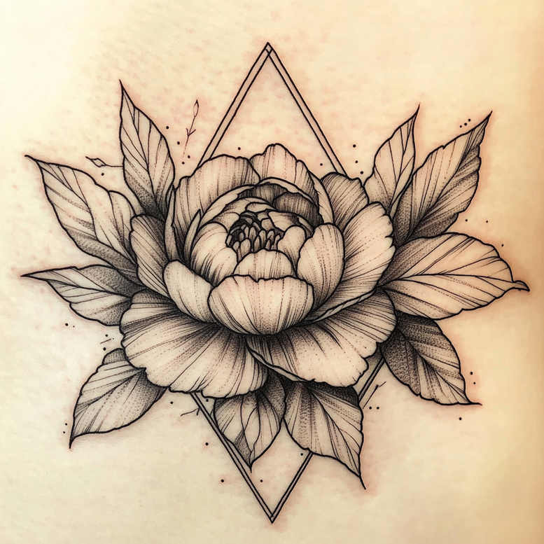 Black and grey tattoo design of a peony flower with leaves inside a geometric diamond frame; AI-generated tattoo project; not suitable for a cover-up.