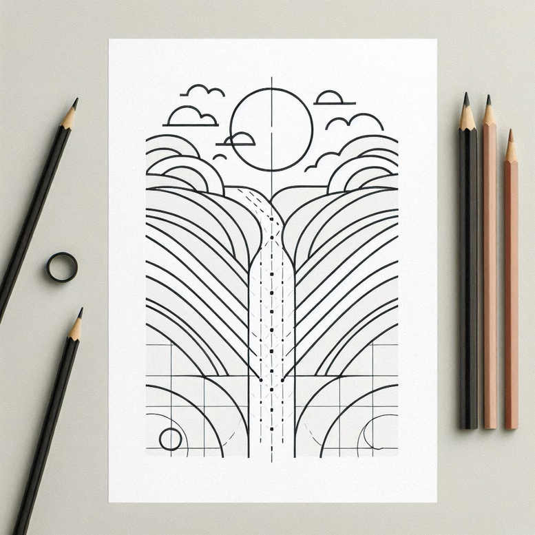 Pillar tattoo design with arc waves, sun, and clouds in black and grey linework; outlined grid at base; project idea; not for cover-up.