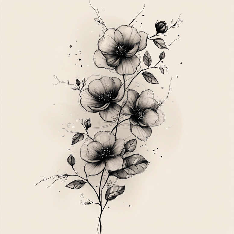 Black and grey tattoo study: flowers, stems, and leaves in a fine-line floral motif; tattoo project, not suitable for cover-up.