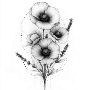 Black and grey poppy bouquet tattoo design with four blooms, stems, leaves, and dotted circle pattern; a tattoo project idea.
