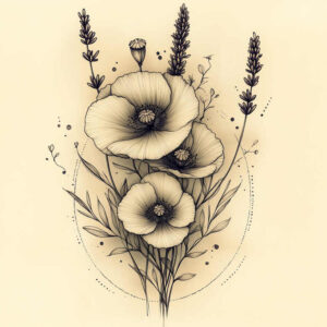 Poppy flower tattoo design in black and grey with stems and leaves, lavender spikes; AI-generated tattoo project; not a cover-up.