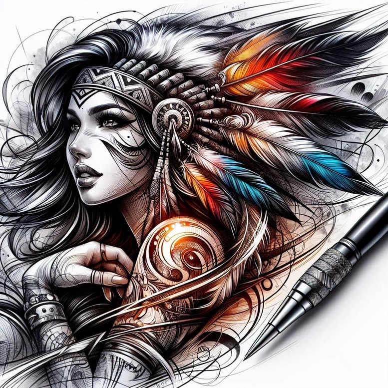 Portrait of a woman in black-grey linework with a feather headdress and headband; feathers orange, red; tattoo machine visible; hand with ring and bracelet; hair and face visible; tattoo project; not for cover-up.