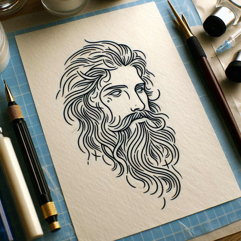 Black and grey line drawing of Yahweh-inspired head with flowing hair and beard; presented as a project/idea for a tattoo; monochrome ink.