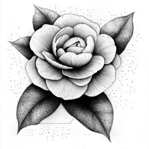 Rose and leaf in black and grey fine-line shading; tattoo project idea; cover-up: possible.