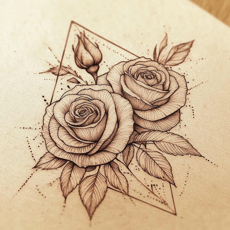 Two roses, a rose bud, leaves, and a diamond backdrop in black and grey; tattoo design idea; not specifically for cover-up.