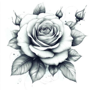 A detailed black and grey rose tattoo featuring rose, buds, and leaves; AI-generated tattoo project, suitable for a cover-up.