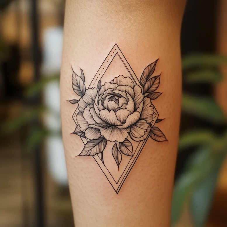 Black and grey tattoo featuring a realistic rose at the center, framed by a diamond geometric outline with leaves; this is a tattoo design idea, not primarily for cover-up.