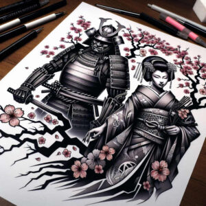 Samurai in black and grey armor beside a geisha in a kimono, with cherry blossom branches; a tattoo project in black and grey, ideal for a cover-up.