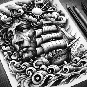 Black and grey fine-line tattoo design featuring ship with sails, a woman's portrait, waves, clouds, and a sun; project idea, suitable for cover-up.
