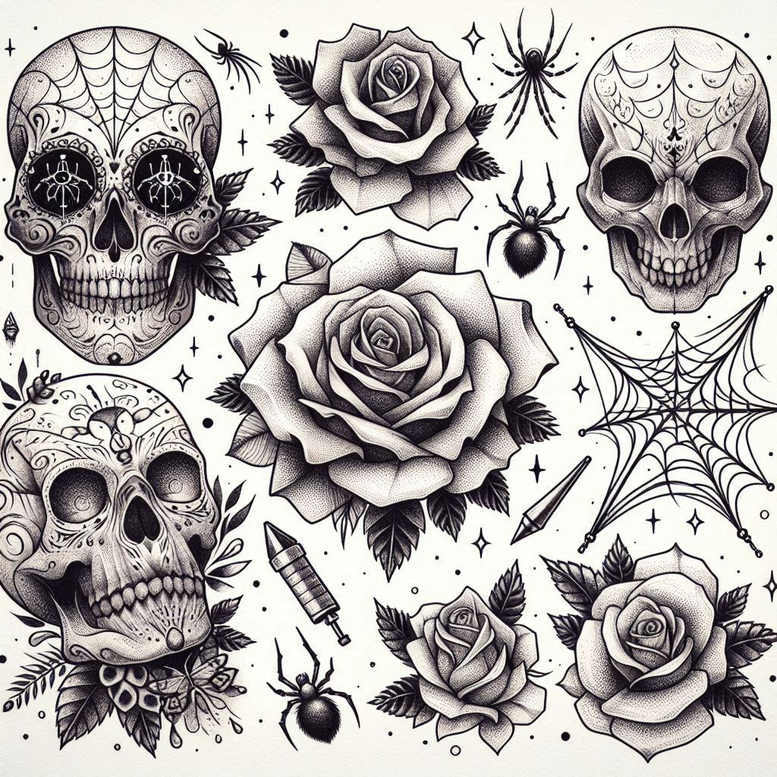 Skulls, roses, spider, web, syringe, dagger in black and grey ink; tattoo design idea for cover-up.