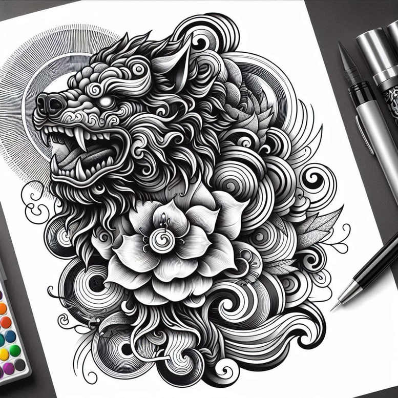 Wolf head entwined with lotus blossom in black and grey linework; tattoo design concept, AI-generated, suitable for a cover-up.