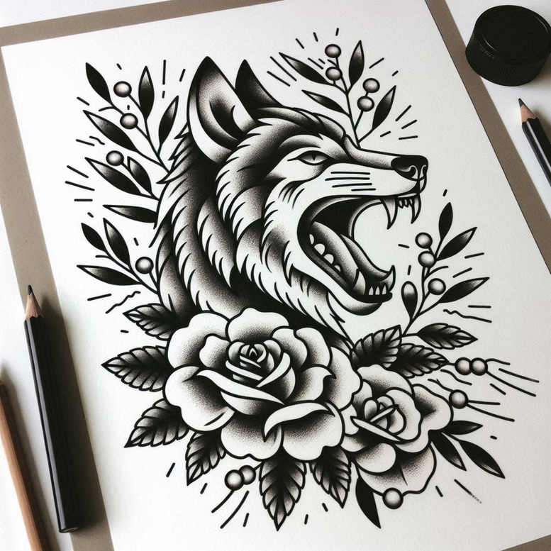 Wolf head snarling with roses, leaves, pencil, and ink pot in black and grey; cover-up ready tattoo idea.