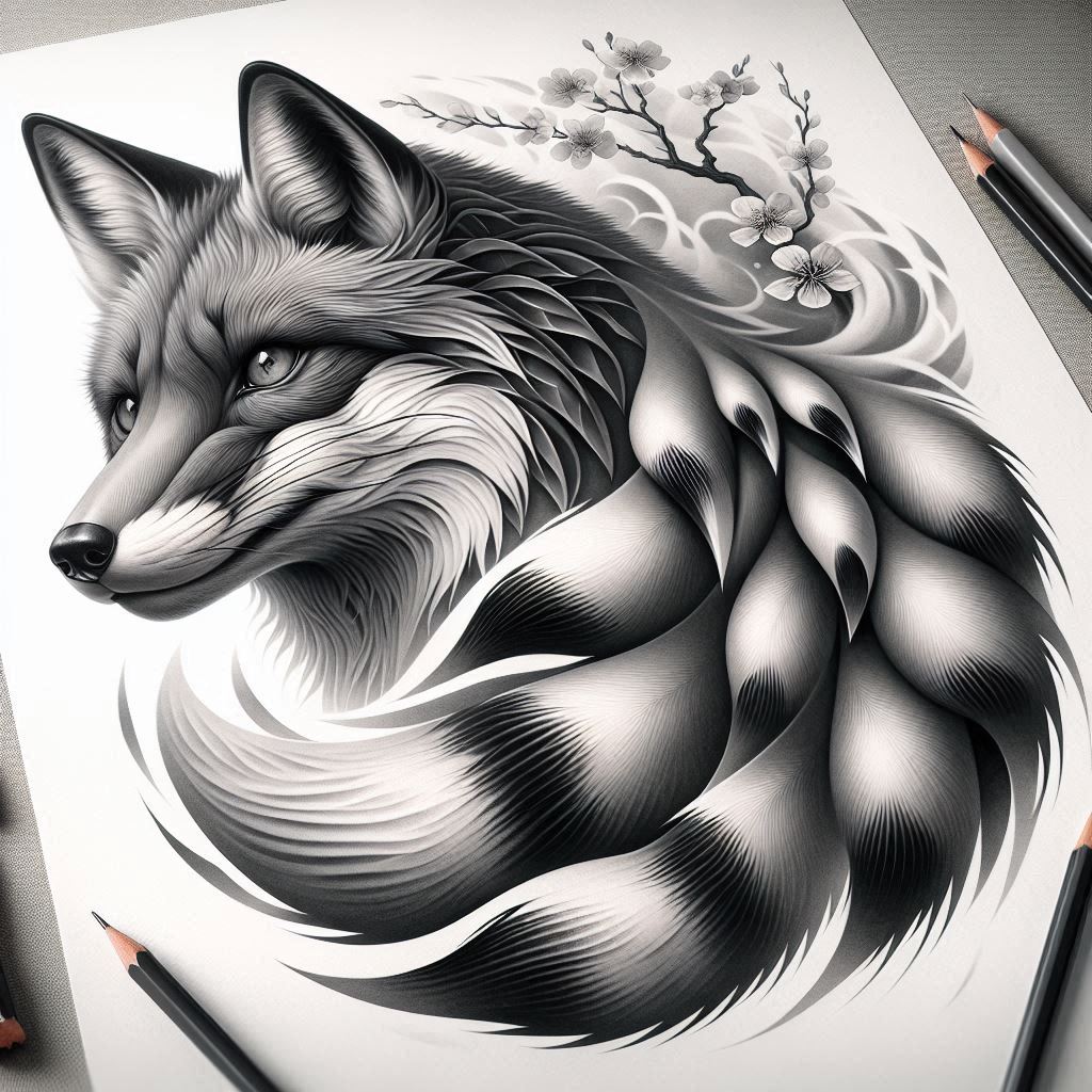 Wolf and branch with blossoms in black and grey on white paper; AI-generated tattoo project suitable for cover-up.