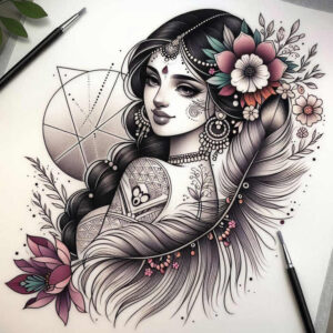 Black and grey linework with pink and teal accents; depicts a female portrait with flowing hair, flowers, leaves, and geometric shapes forming a circle backdrop; tattoo project; not a cover-up.