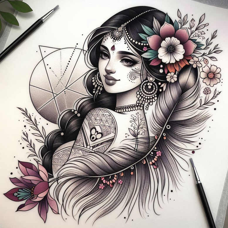 Black and grey linework with pink and teal accents; depicts a female portrait with flowing hair, flowers, leaves, and geometric shapes forming a circle backdrop; tattoo project; not a cover-up.