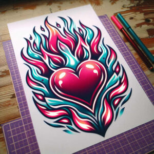 Heart and patterned flames with pink-red center on white paper; visible are markers and purple cutting mat; color: full color; project: tattoo concept; not suitable for cover-up.