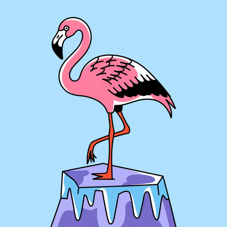 Flamingo pink bird standing on a purple iceberg against a blue sky; colored tattoo project idea; not suitable for cover-up.