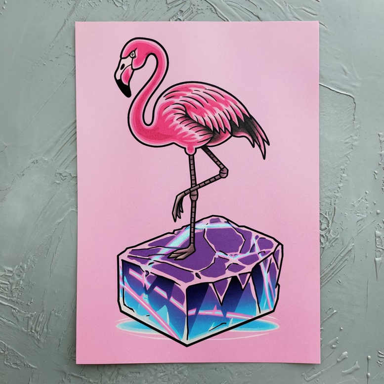 Flamingo on a neon pink background standing on a purple crystal block; full color tattoo project idea; not ideal for cover-up.