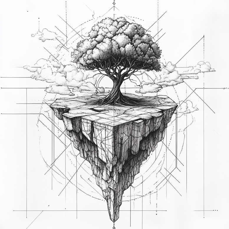 Tree on a floating island cliff with clouds and geometric pattern lines, in black and grey; AI-generated tattoo project concept.