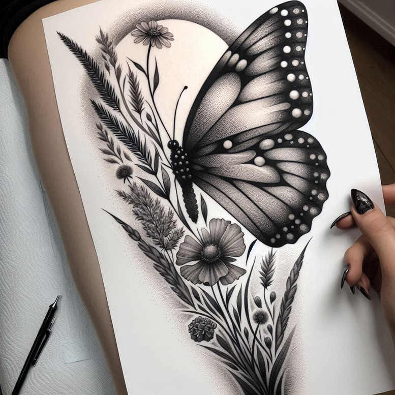 Butterfly, flower, and grass study in black and grey; AI-generated tattoo project idea; suitable for cover-up.